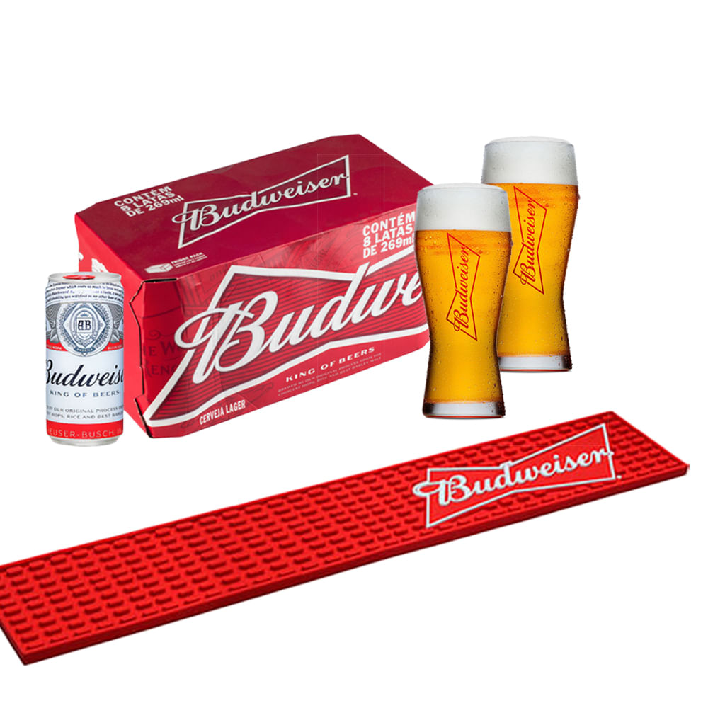 Kit Budweiser (Barmat + 2 Copos + 8 cervejas 269ml) Empório da Cerveja