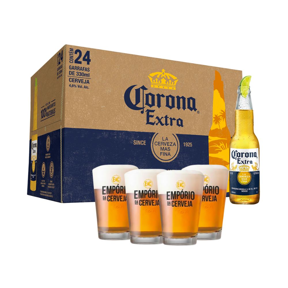 Kit 24 Cervejas Corona 330ml + 4 Copos Emprio da Cerveja 350ml